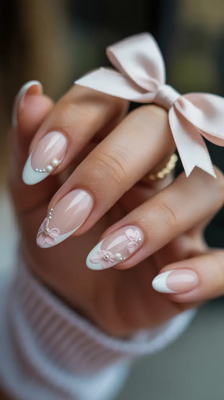 holiday nails 2026 French Inspired Holiday Nails with Pearls and Bows