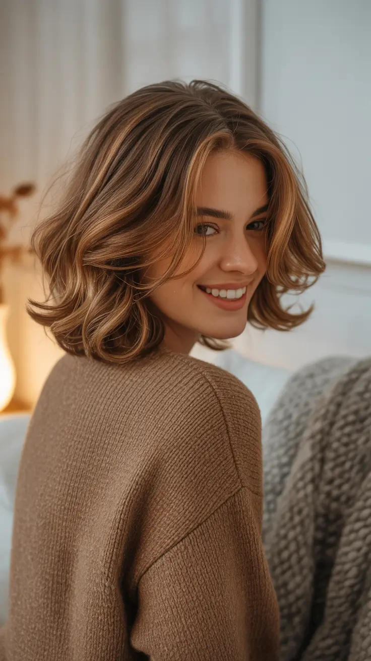 lob haircut 2026 Warm Caramel Wavy Bob with Textured Ends