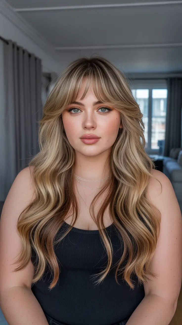 Haircuts for Plus Size Women 2026 Soft Blonde Layers with Curtain Bangs