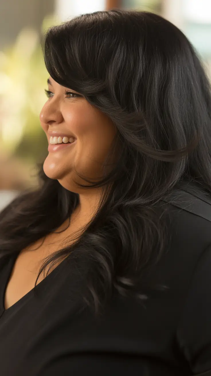 Haircuts for Plus Size Women 2026 Feathered Layers for Double Chin Elegance