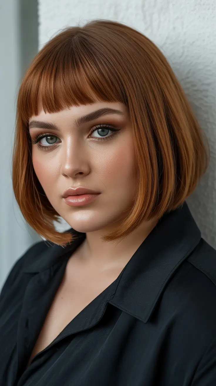 Modern Haircuts for Round Faces 2026 Chestnut Bob with Micro Fringe