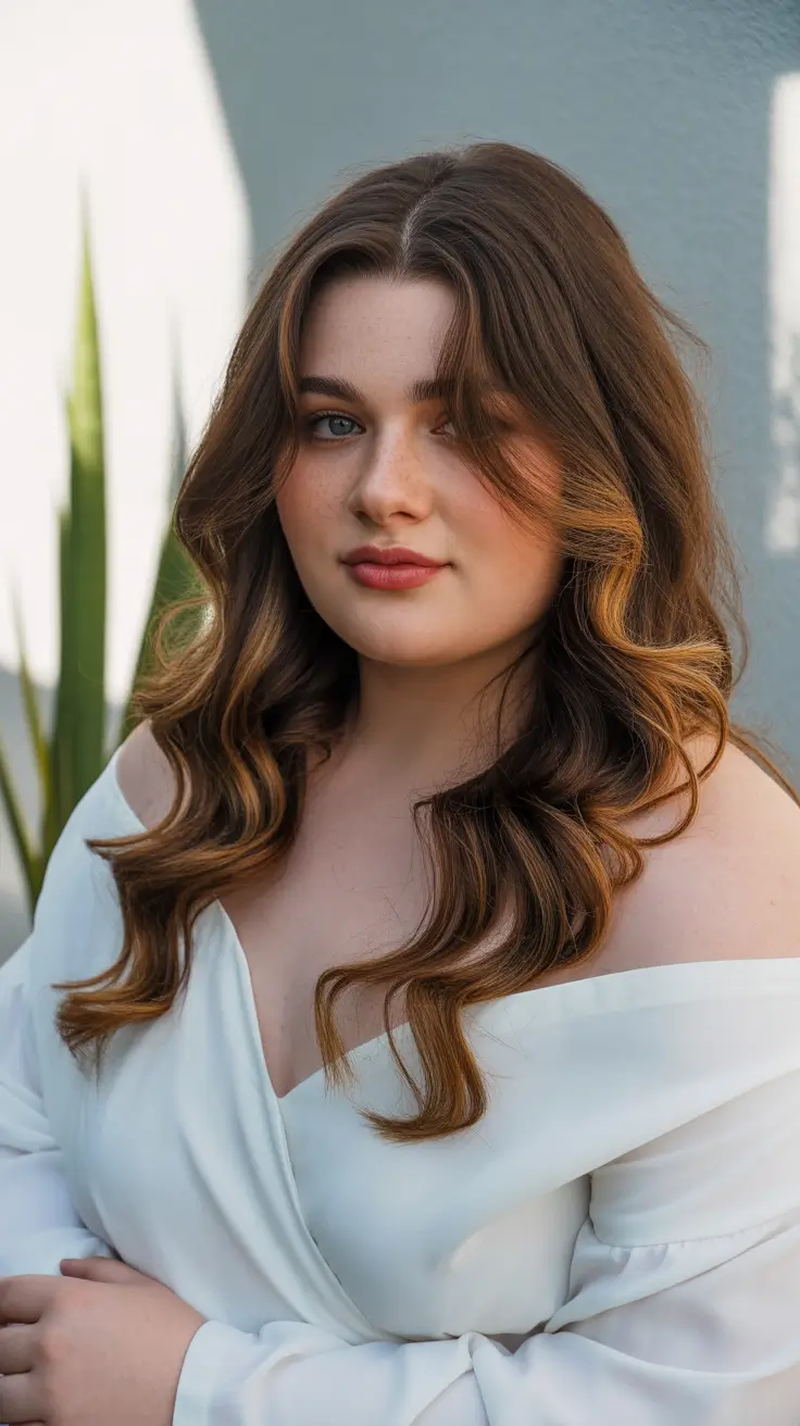 Modern Haircuts for Round Faces 2026 Romantic Waves with Curtain Bangs