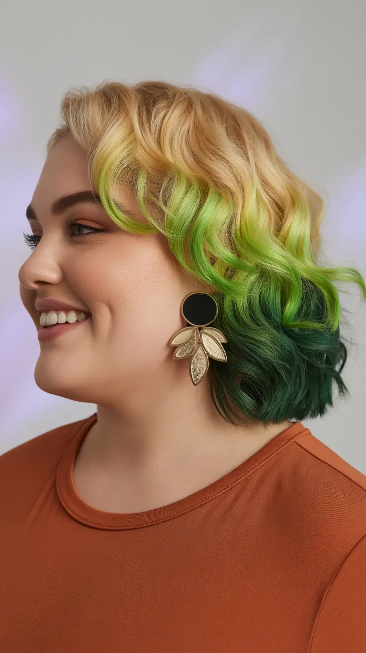 Fat Face Haircuts 2026 Color Pop Waves in Green and Gold