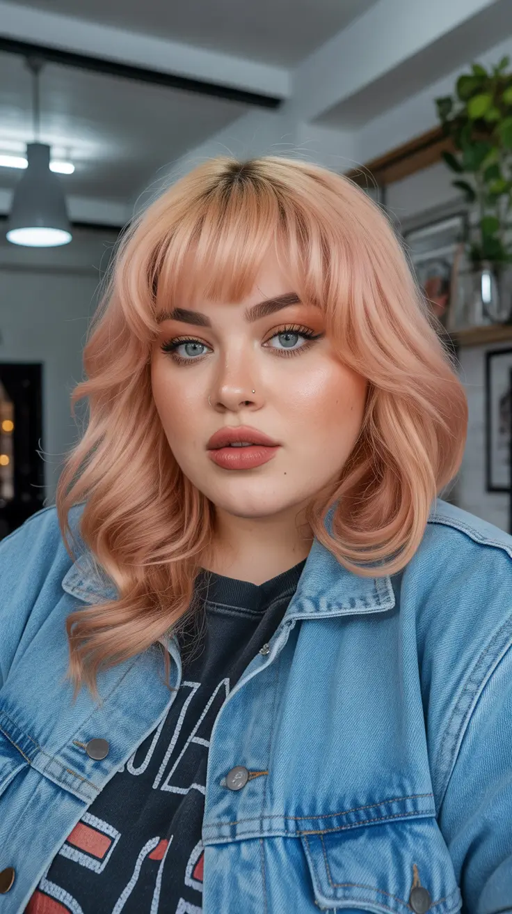 Modern Haircuts for Round Faces 2026 Peachy Waves with Curtain Bangs