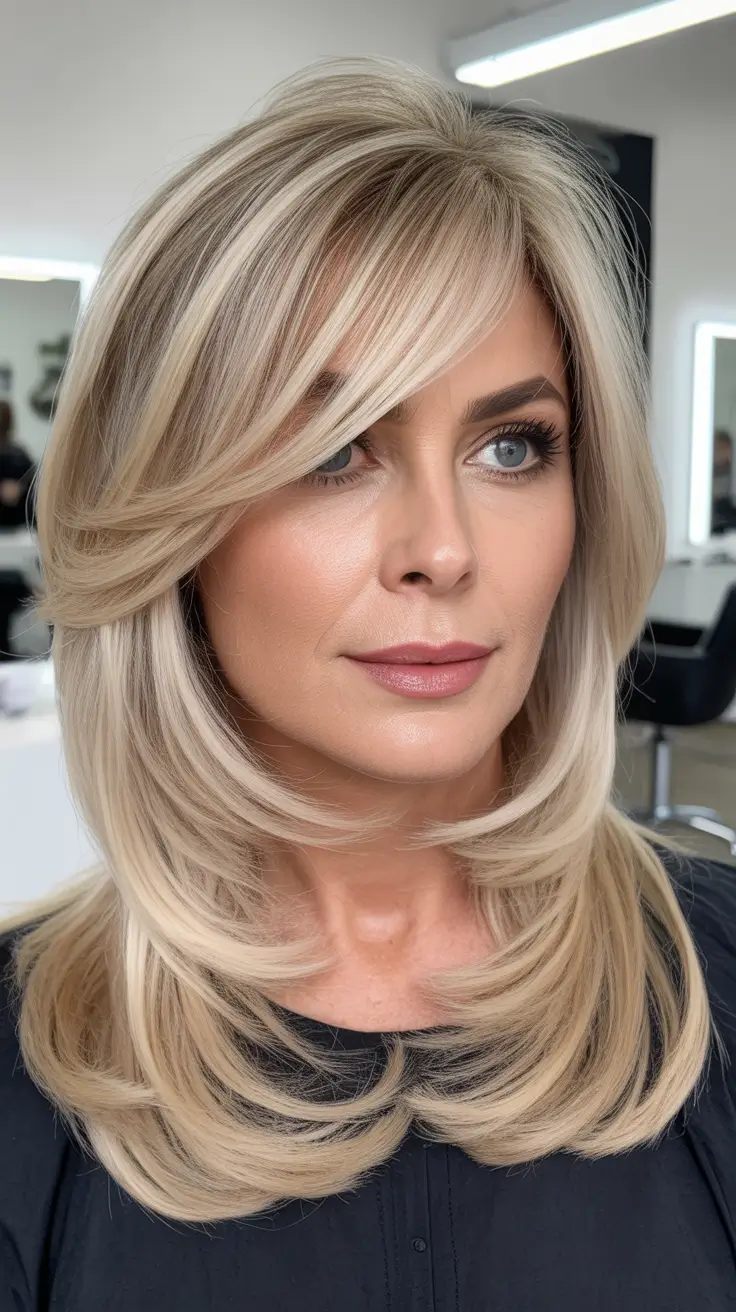 Haircuts for Women Over 50 2026 Soft Layered Blonde With Side Bangs