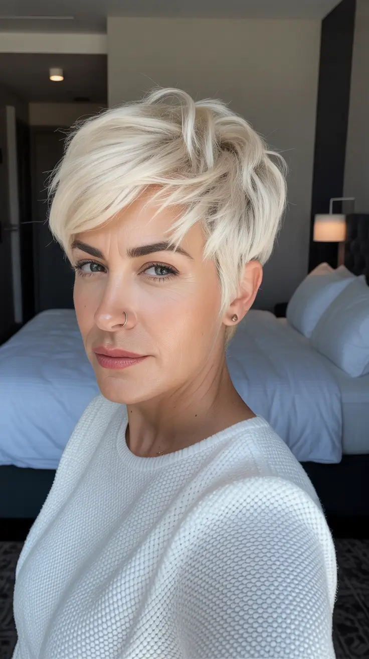 Modern Hairstyles for Women Over 50 2026 Chic Short Pixie with Icy Blonde Edge
