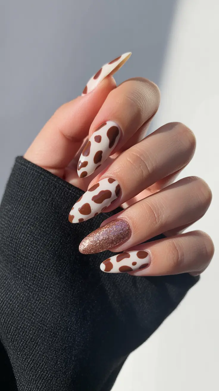 Nail Colors Ideas 2026 Mocha Cow Print Glam
