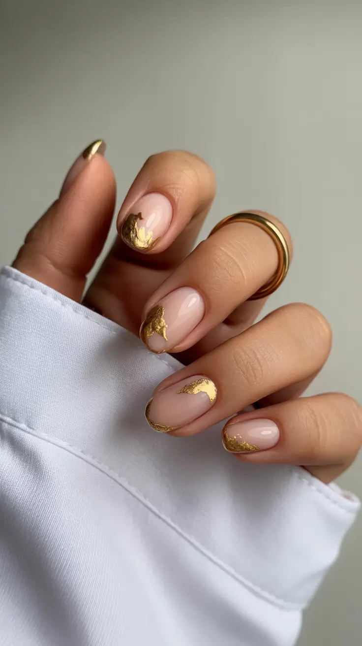 Neutral Nails Aesthetic 2026 Soft Nude With Gold Leaf Accents