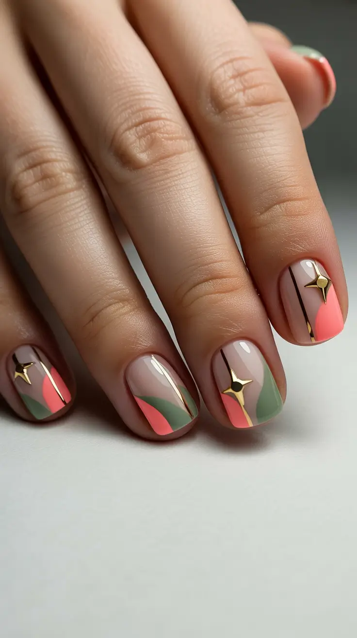 Neutral Nails Aesthetic 2026 Neutral Color Blocking With Gold Star Studs