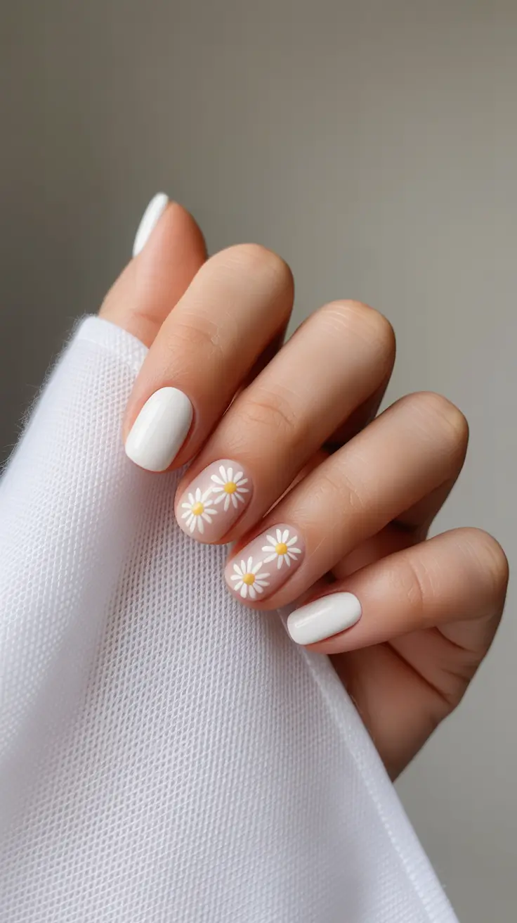 Neutral Nails Aesthetic 2026 Clean White with Tiny Daisies