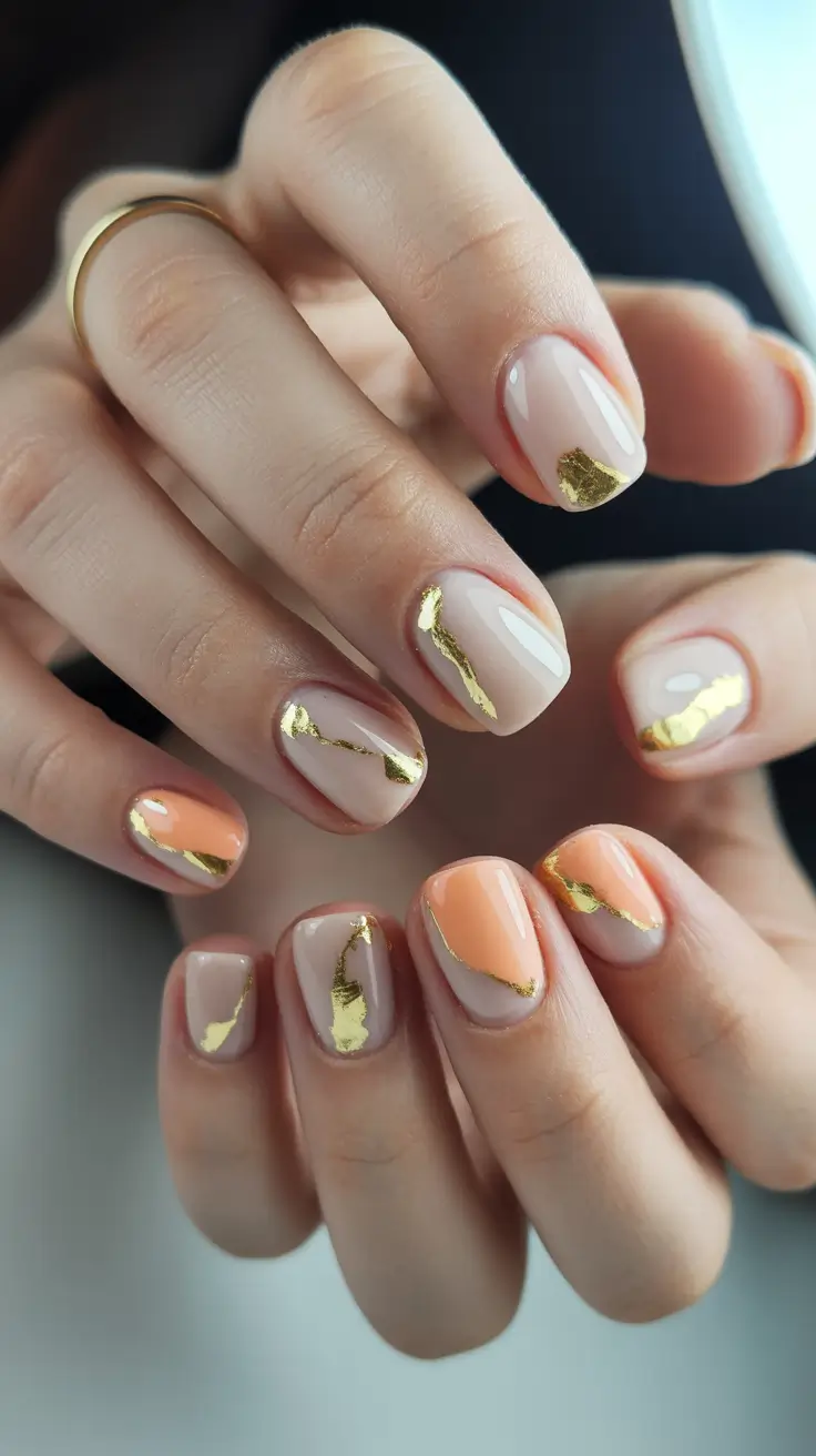 Neutral Nails Aesthetic 2026 Apricot Neutrals with Gold Foil Shards