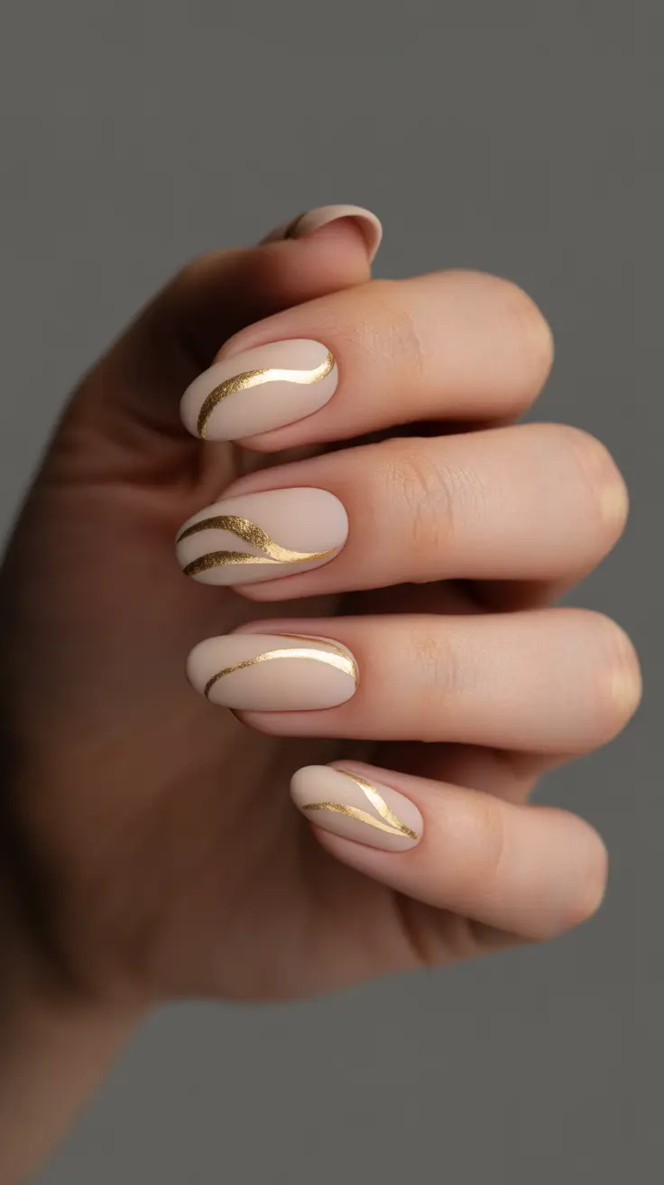 Neutral Nails Aesthetic 2026 Matte Cream With Gold Ribbon Waves