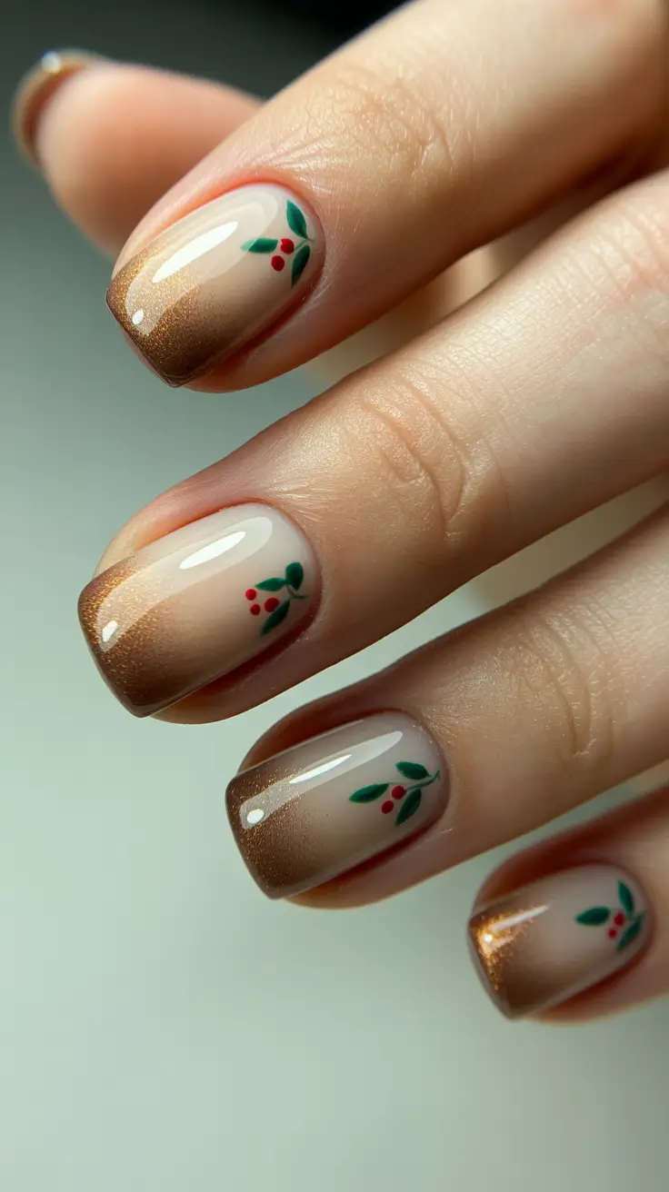 Neutral Nails Aesthetic 2026 Bronze French Fade With Tiny Holiday Berries