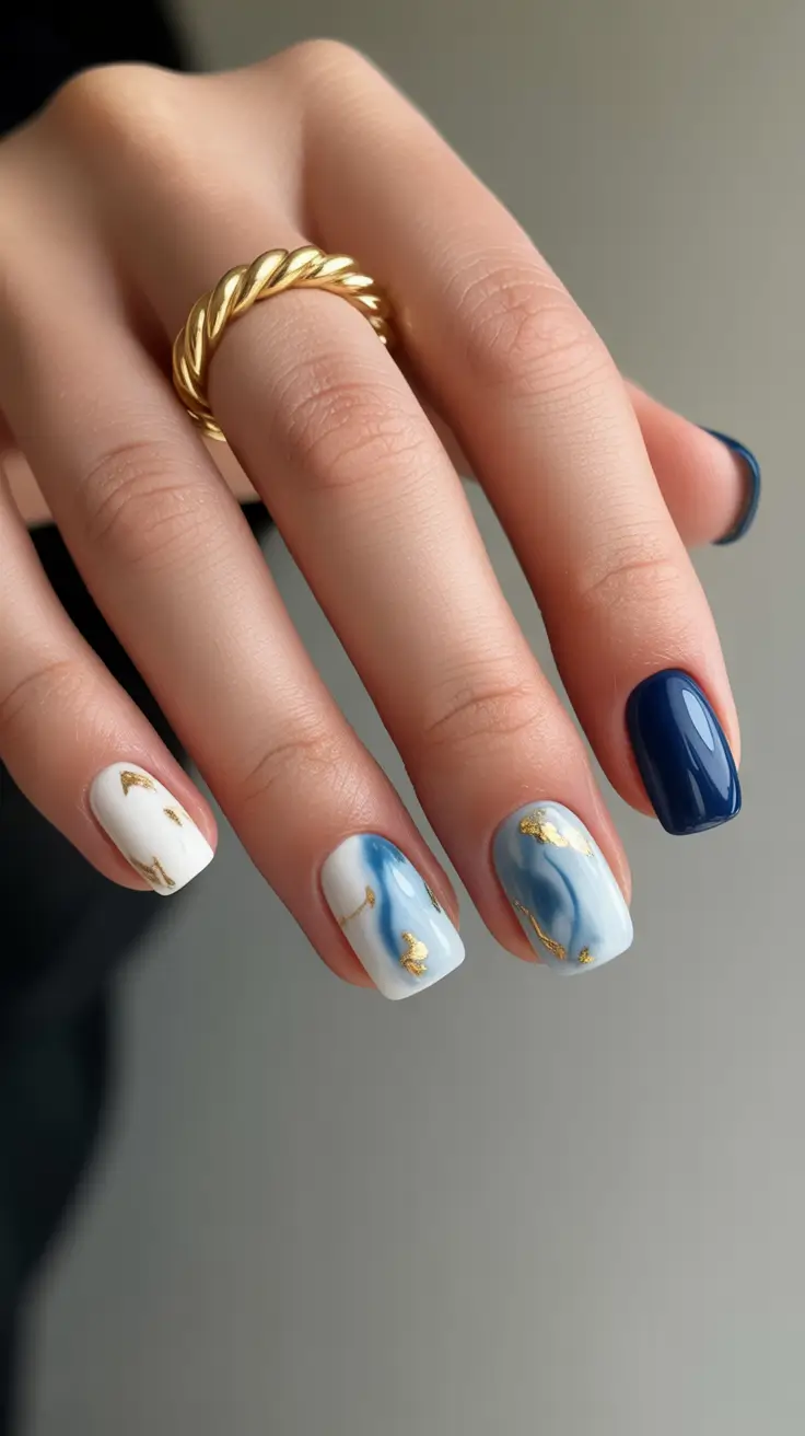 New Blue Nails Ideas 2026 Blue White Marble Gold