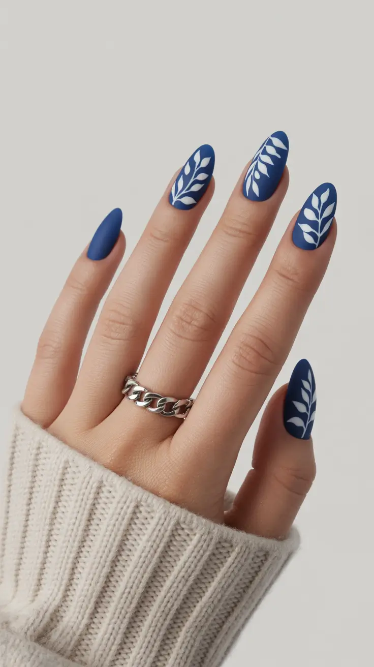 New Blue Nails Ideas 2026 Matte Navy Botanical