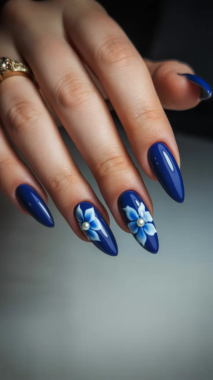 New Blue Nails Ideas 2026 Navy Floral Almond