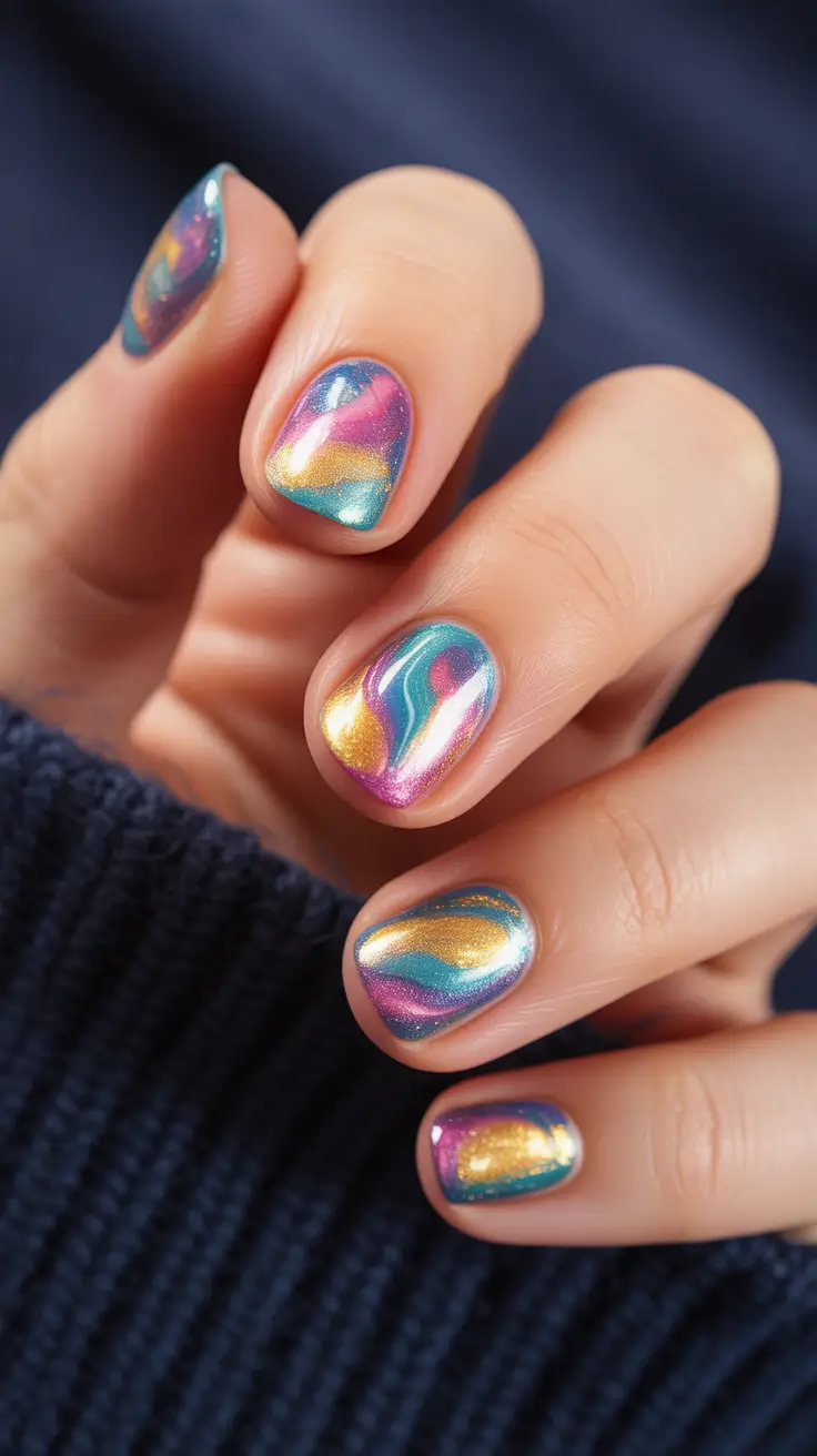 Short acrylic nails 2026 Liquid Chrome Swirls