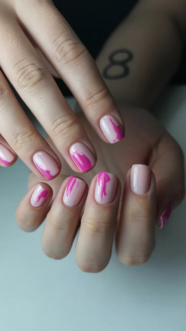 New Short Acrylic Nails 2026 Pink Abstract Design