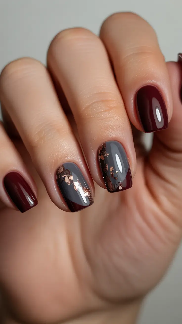 New Short Acrylic Nails 2026 Dark Cherry Gold