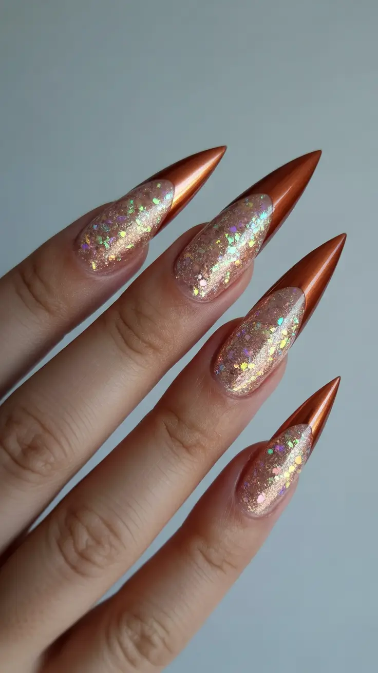 stiletto nails 2026 Rose Gold Glitter Stiletto Nails