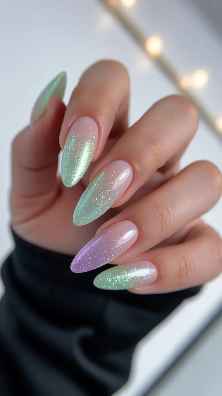 stiletto nails 2026 Pastel Aura Stiletto Nails with Mint Lavender and Pearl Shine