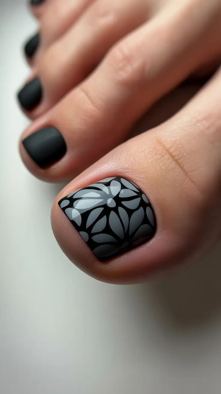 Toe nail colors 2026 Matte Black With Graphic Floral Accent