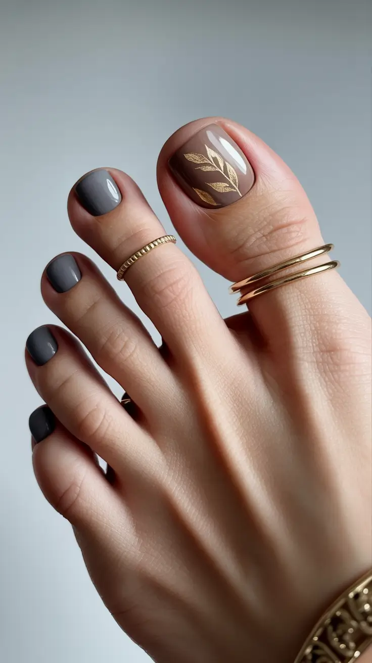 Toe nail colors 2026 Cool Gray With Gold Leaf Detail