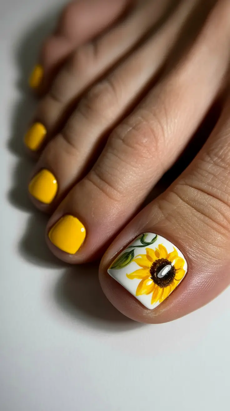 Toe nail colors 2026 Sunflower Yellow With Floral Accent Art