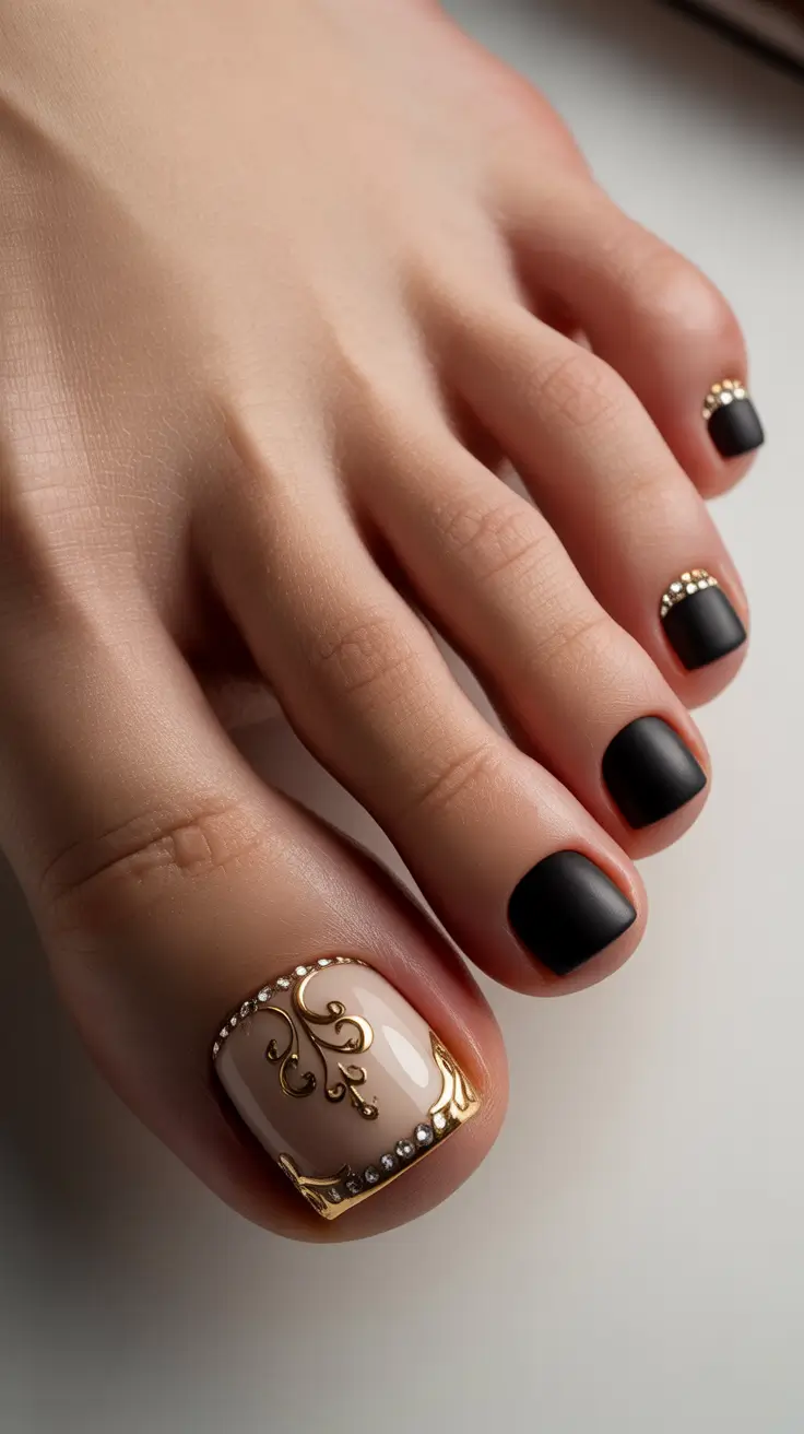New Toe Nail Colors 2026 Matte Black and Gold Luxe Details