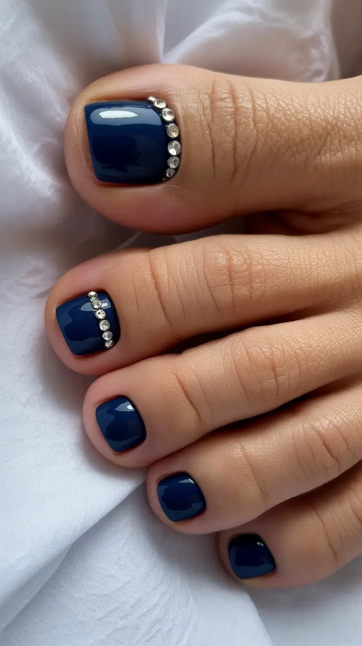 New Toe Nail Colors 2026 Navy Gloss with Rhinestone Edges