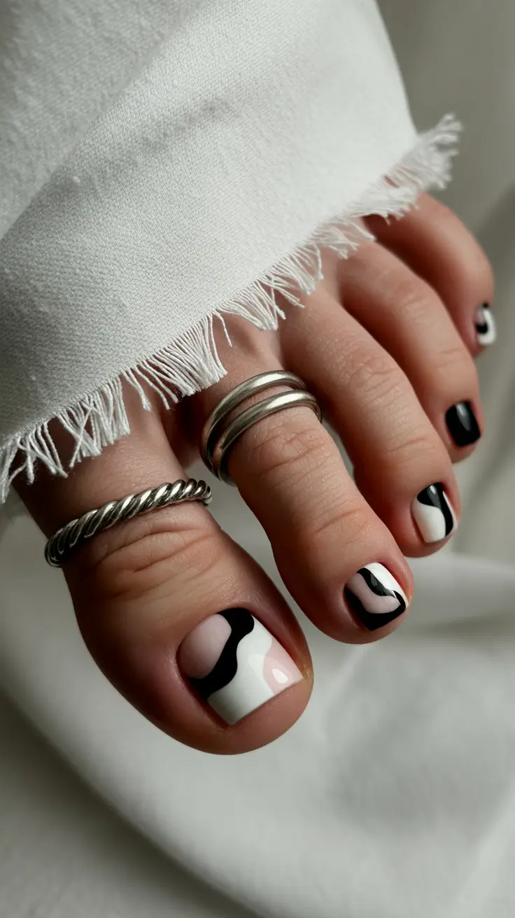 New Toe Nail Colors 2026 Black and White Abstract Waves