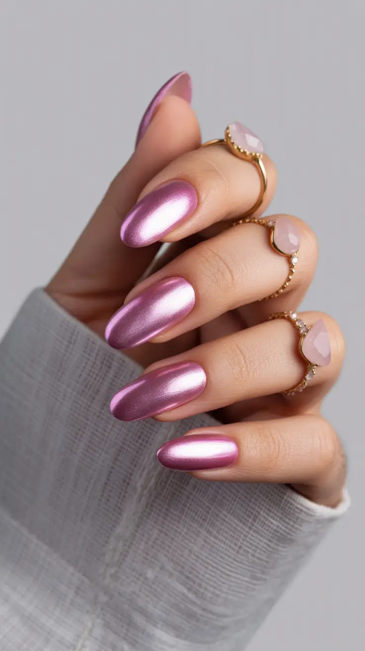 Pink Nails for 2026 Chrome Pink Almond Nails