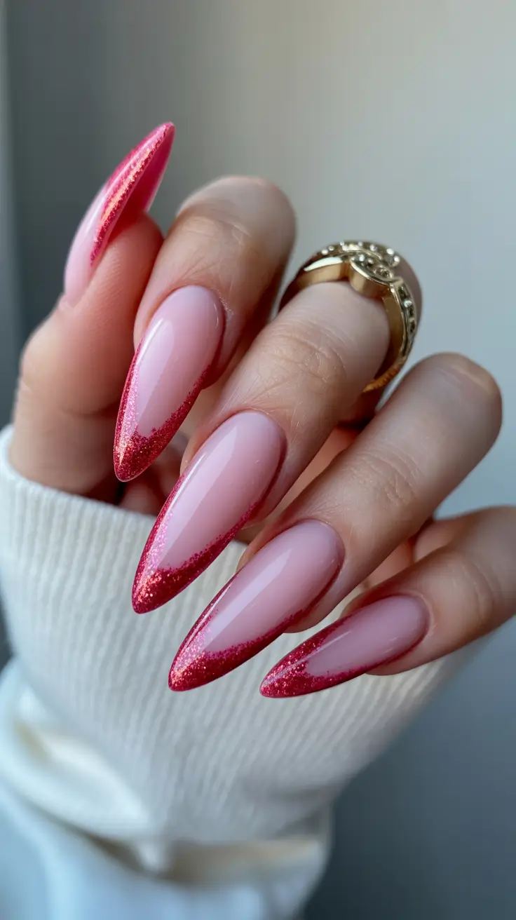Pink Nails for 2026 Red Glitter French