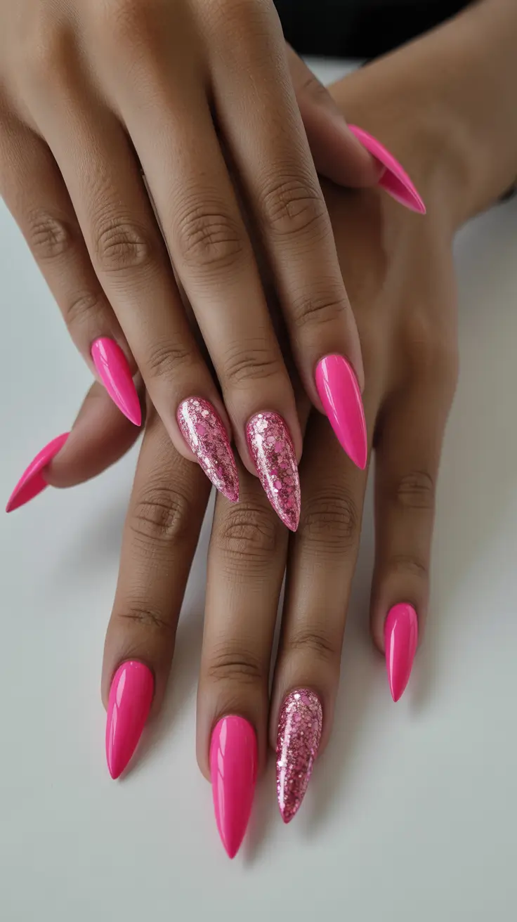 Pink Nails for 2026 Hot Pink Glitter Accent