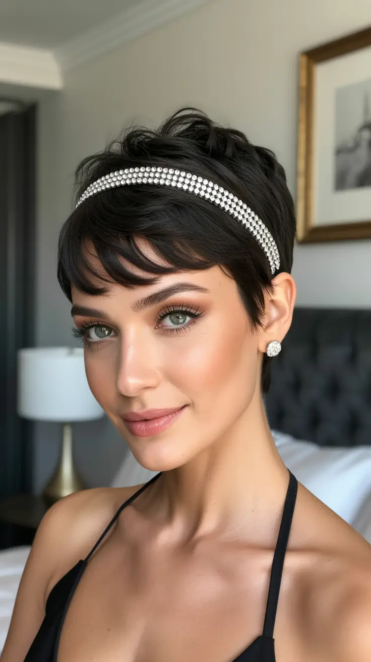 pixie hairstyles 2026 Charming Short Pixie with Sparkling Headband