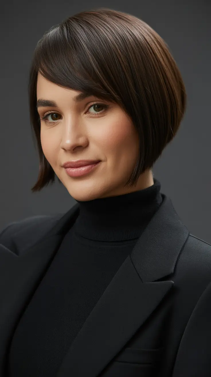 pixie hairstyles 2026 Glossy Espresso Pixie with Sleek Contour