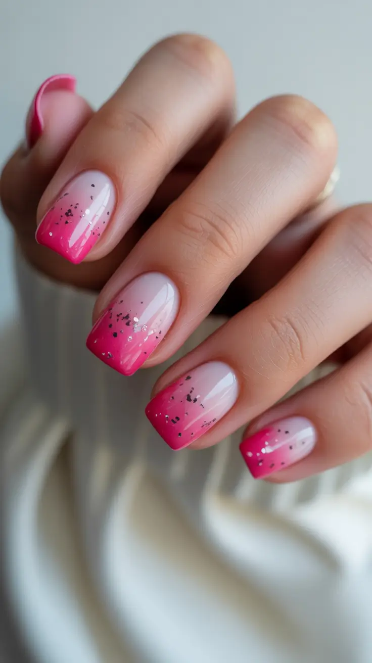 Short Nail Designs 2026 Pink Ombre Short Nails With Delicate Glitter Accents