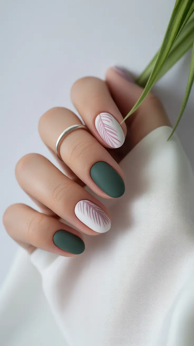 Short Nail Designs 2026 Botanical Short Nails in Green and White