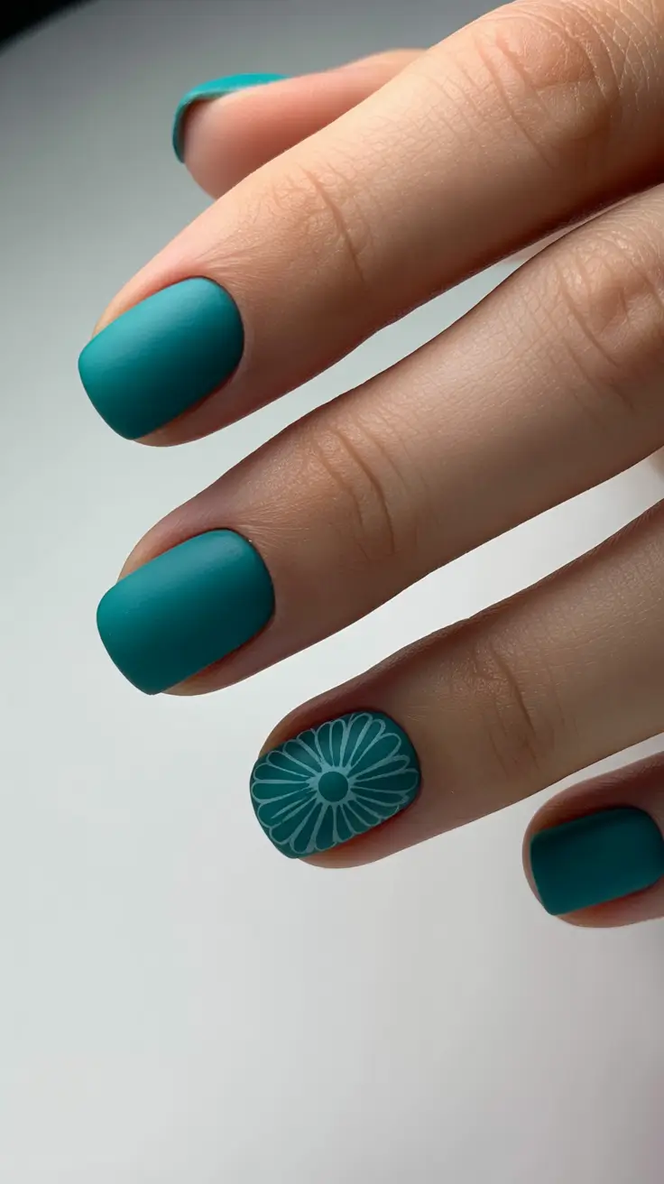 Short Nail Designs 2026 Teal Matte Short Nails With Floral Accent