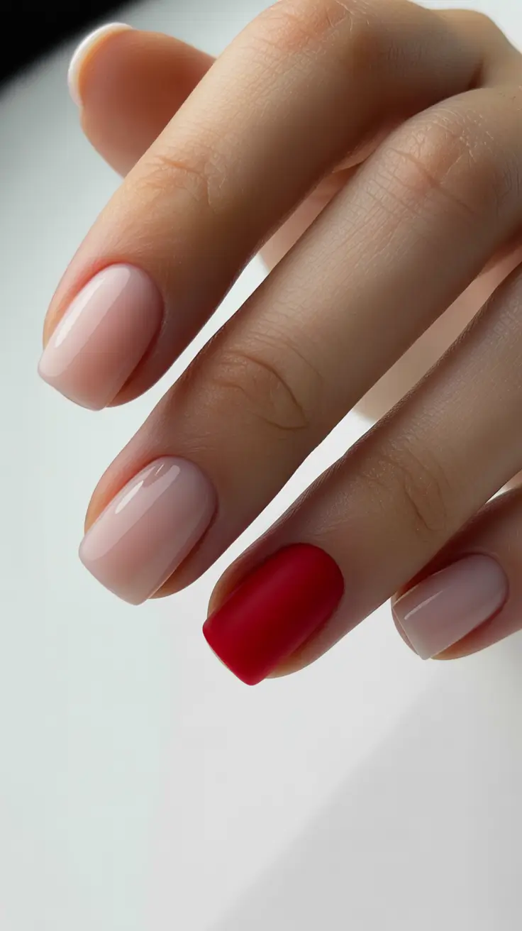Short Nail Designs 2026 Nude with Red Accent