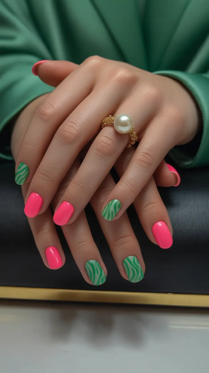 Short Nail Designs 2026 Short Pink Nails With Graphic Green Accent Art