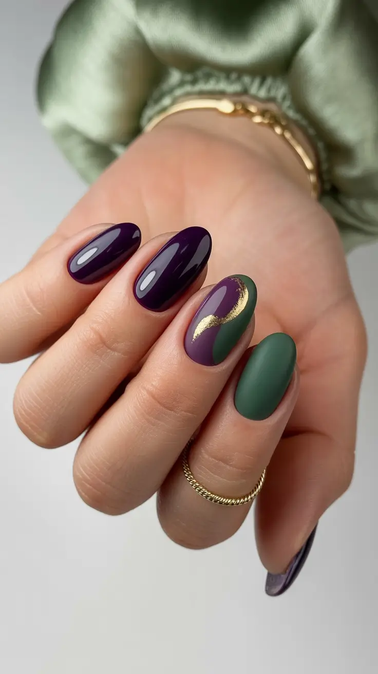 Short Nail Designs 2026 Elegant Plum and Green Short Nails With a Metallic Touch