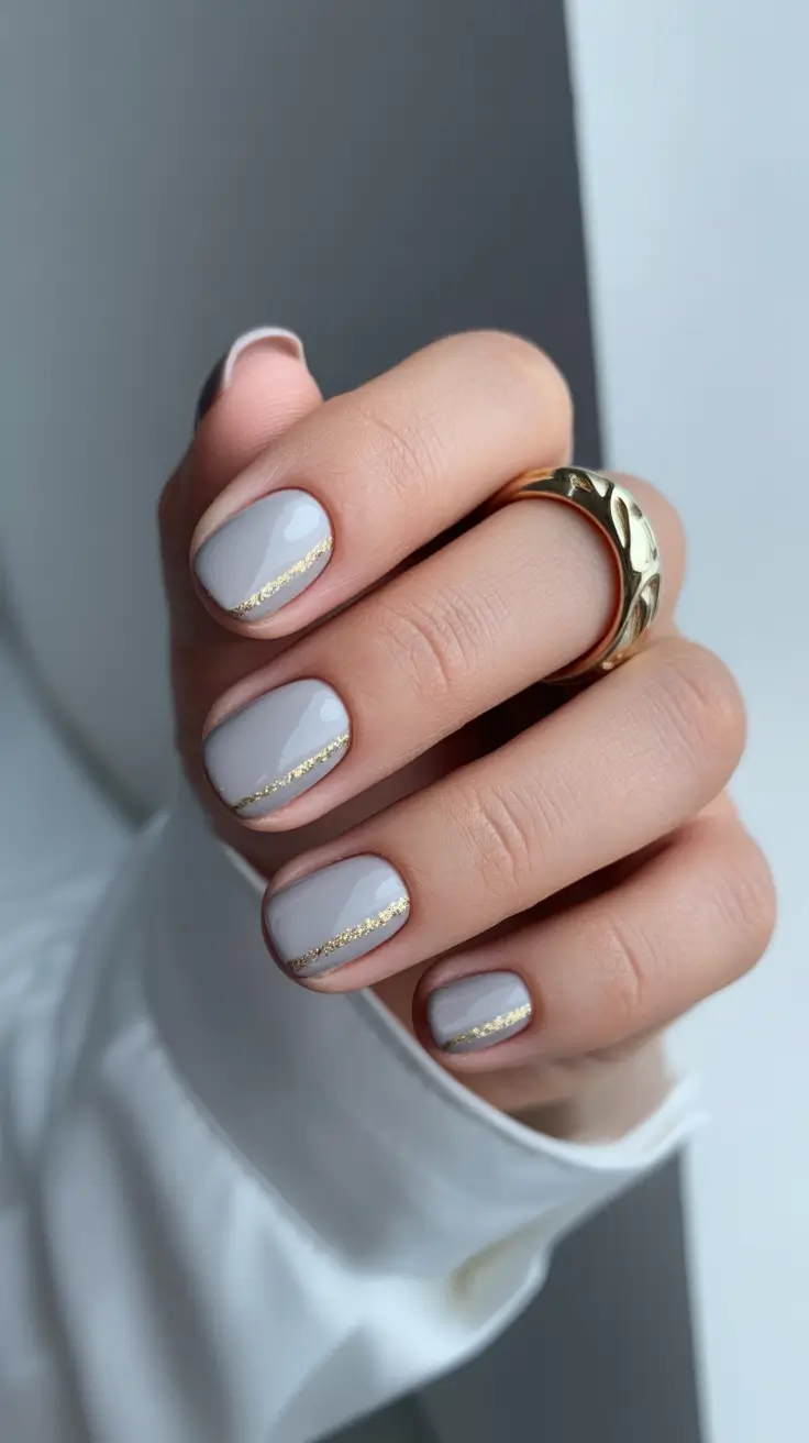Short Nail Designs 2026 Soft Gray Short Nails With Gold Line Detail