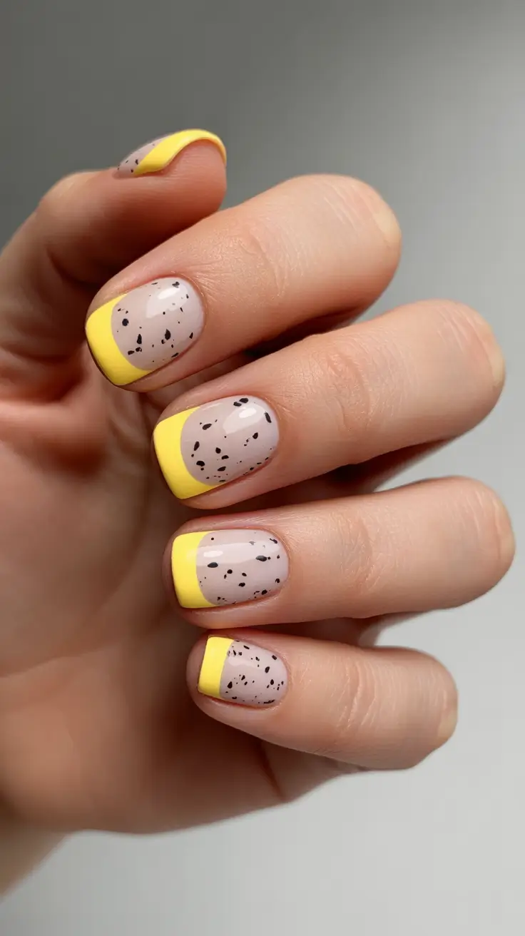 Short Nail Designs 2026 Yellow French Tip Short Nails With Speckled Art