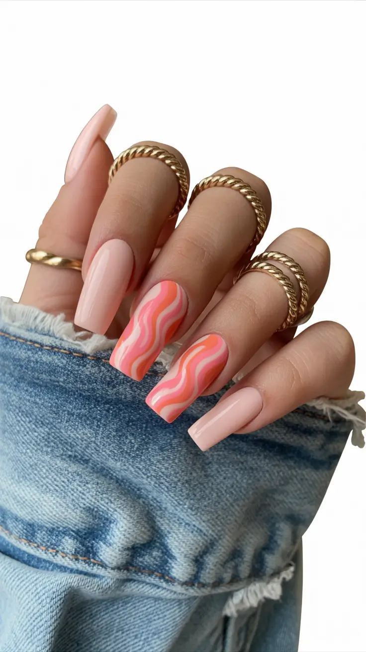 Square Nails Inspiration 2026 Peach Waves