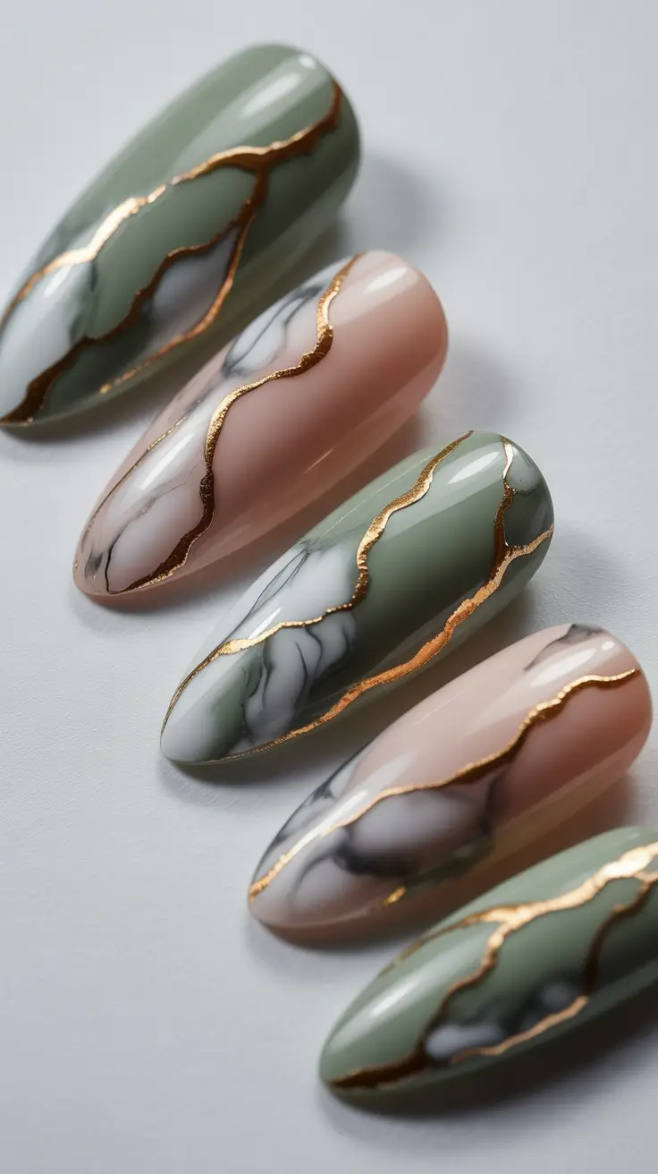Stylish Acrylic Nails 2026 Green and Nude Marble Acrylic Nails
