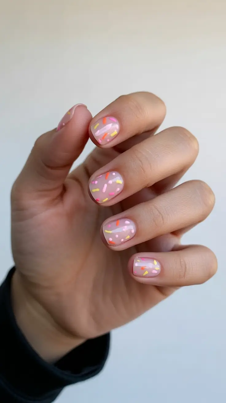 Stylish Acrylic Nails 2026 Short Natural Acrylic Nails With Confetti Accents