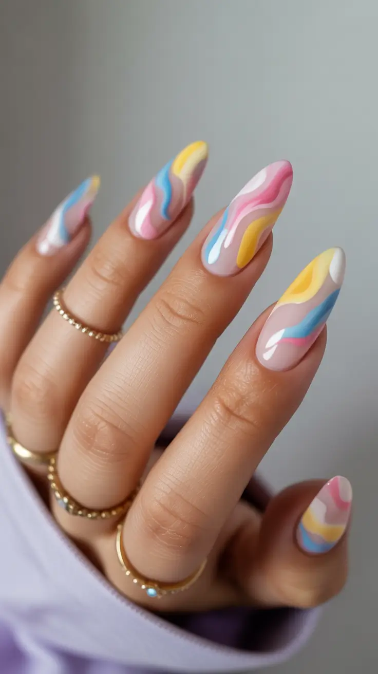 Stylish Acrylic Nails 2026 Pastel Swirl Almond