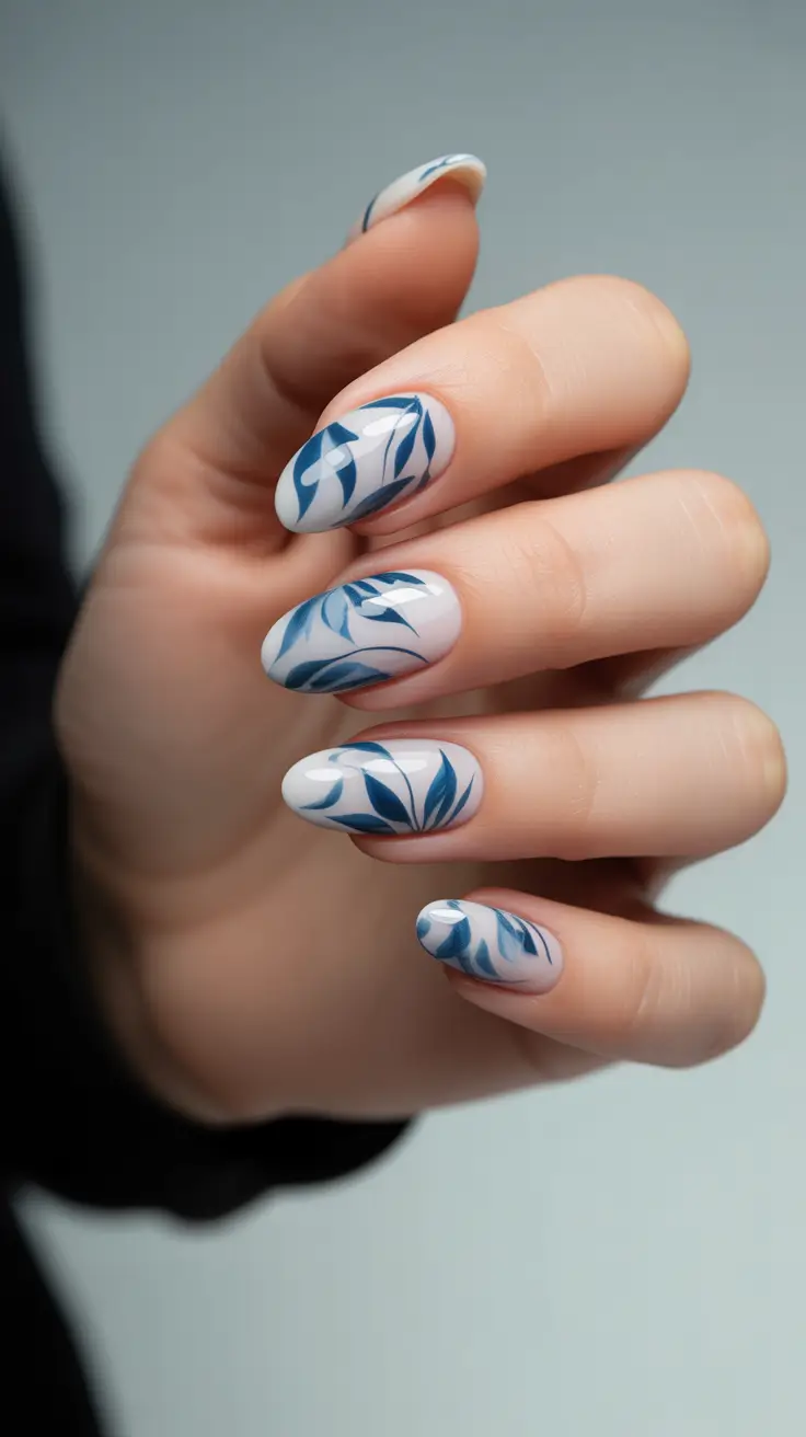 Stylish Almond Nails 2026 Blue Botanical Whispers