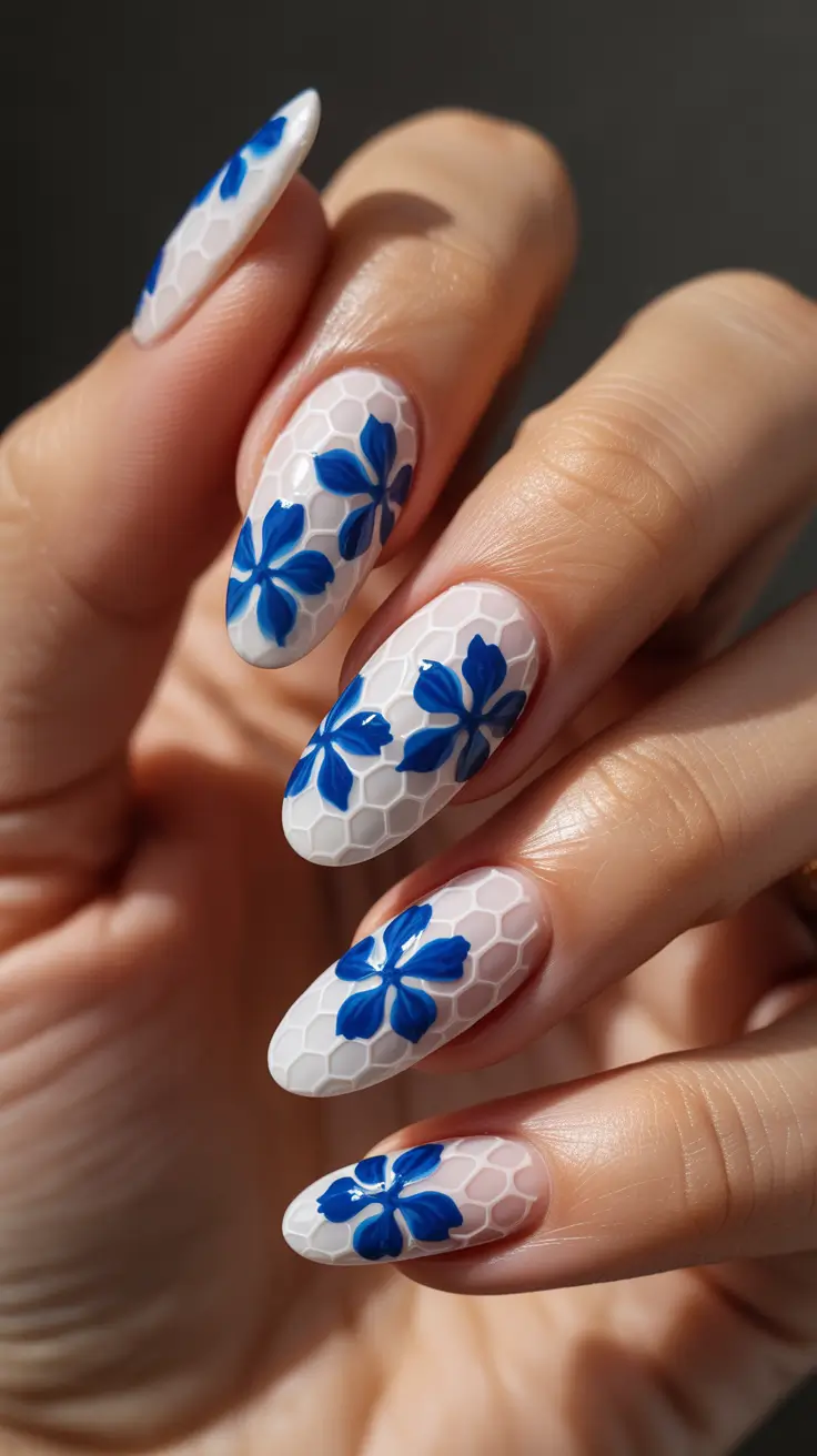 Stylish Almond Nails 2026 Blue Bloom Geometry
